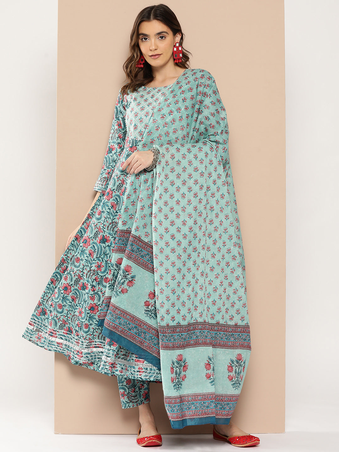 Women's Sea Green Printed Flared Kurta And Trouser With Dupatta
