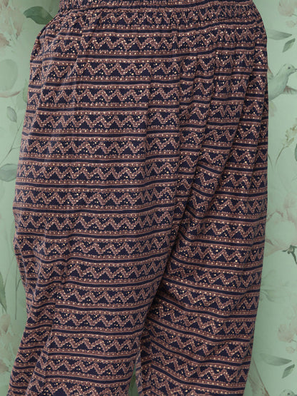 Women's Navy Blue Ethnic Printed Straight Kurta With Trouser