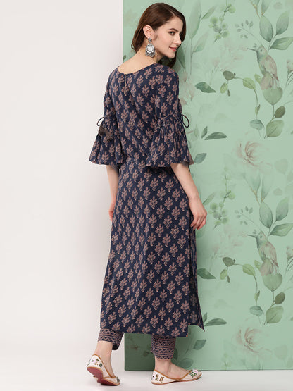 Women's Navy Blue Ethnic Printed Straight Kurta With Trouser