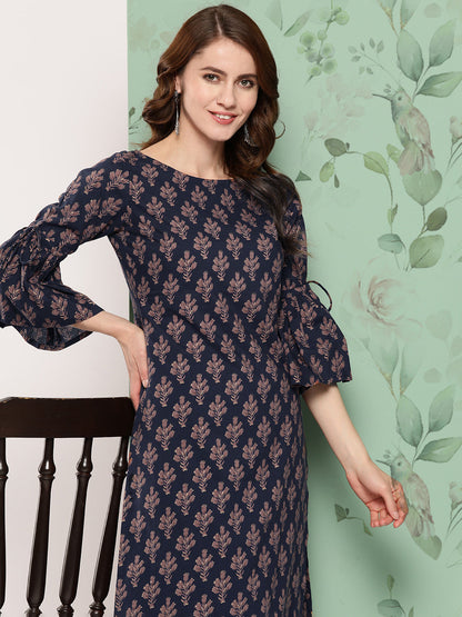 Women's Navy Blue Ethnic Printed Straight Kurta With Trouser