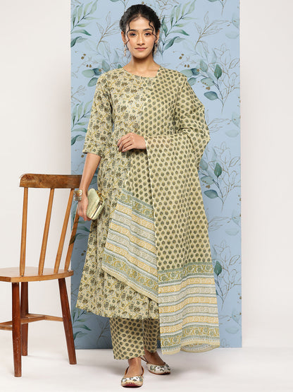 Women's Green Printed Gathered Kurta And Trouser With Dupatta
