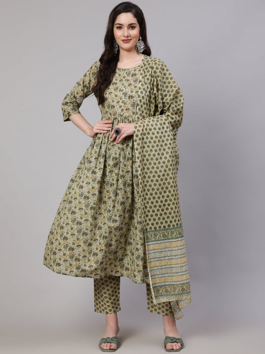 Women's Green Printed Gathered Kurta And Trouser With Dupatta