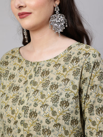 Women's Green Printed Gathered Kurta And Trouser With Dupatta