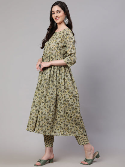 Women's Green Printed Gathered Kurta And Trouser With Dupatta