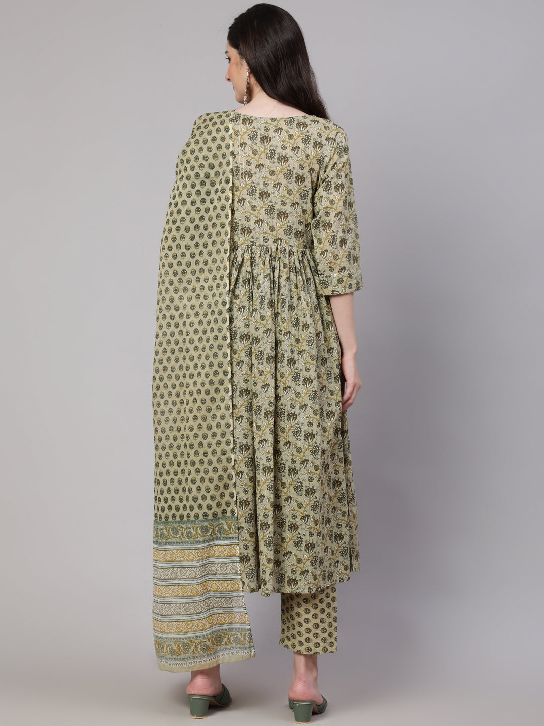 Women's Green Printed Gathered Kurta And Trouser With Dupatta