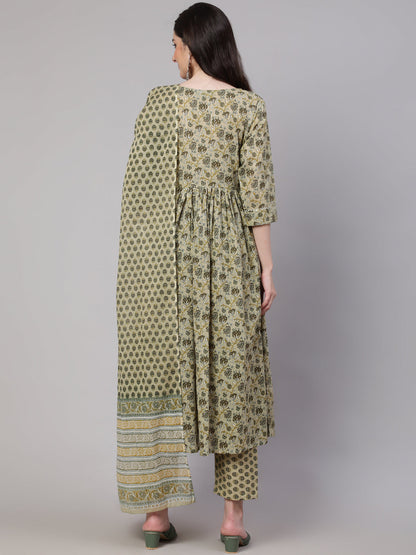 Women's Green Printed Gathered Kurta And Trouser With Dupatta
