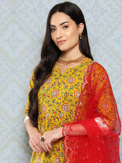 Women's Yellow Floral Printed Flared Dress With Scalloped Dupatta