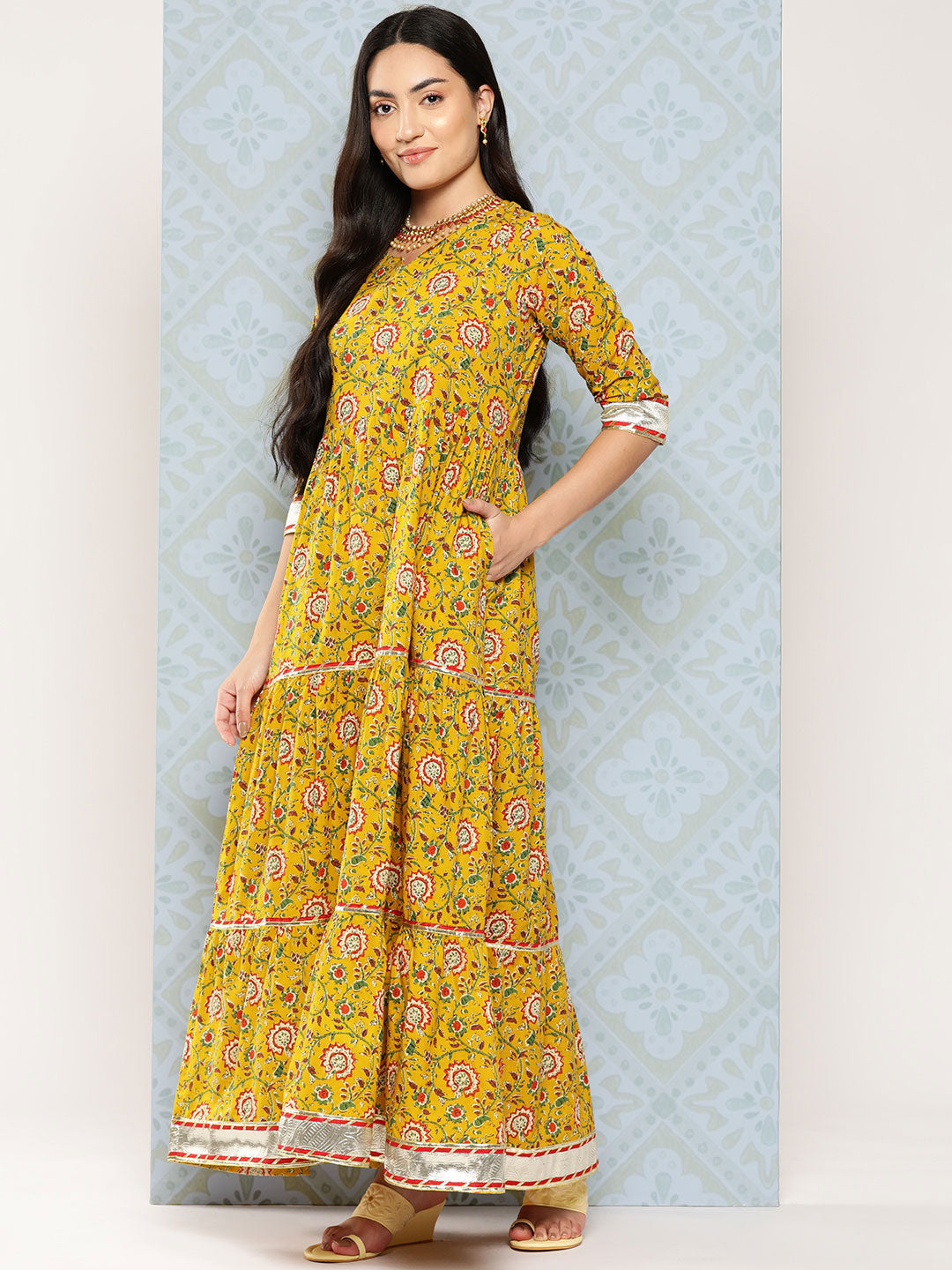 Women's Yellow Floral Printed Flared Dress With Scalloped Dupatta
