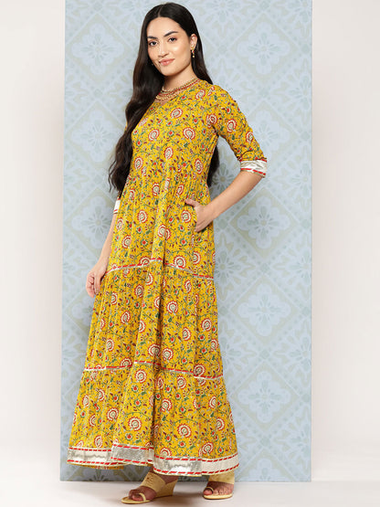 Women's Yellow Floral Printed Flared Dress With Scalloped Dupatta