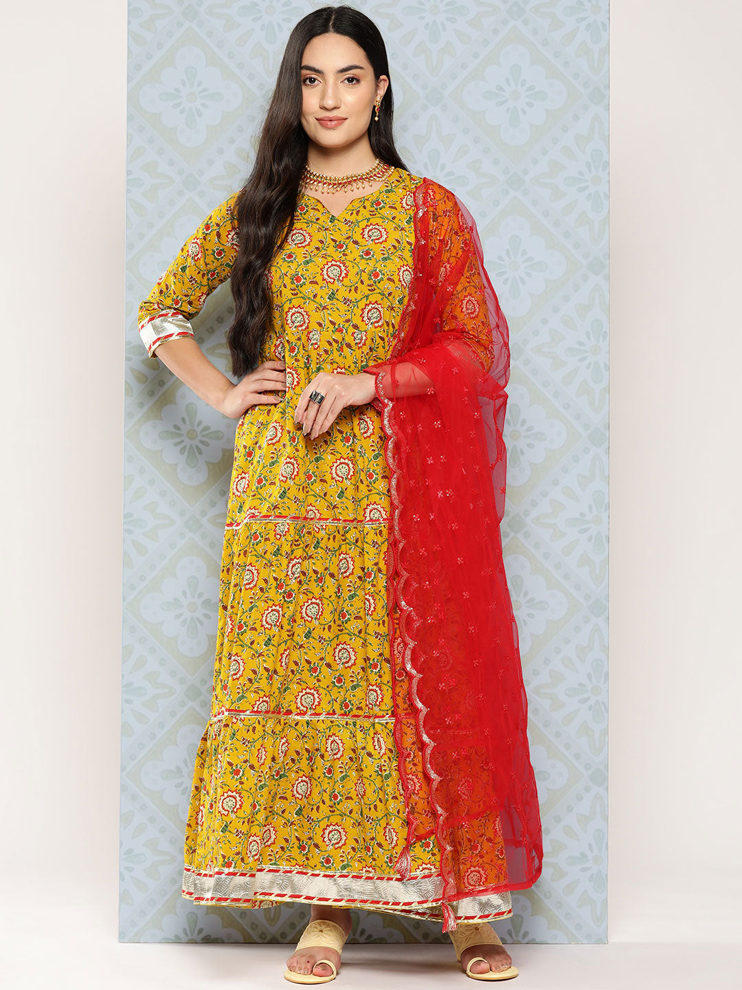 Women's Yellow Floral Printed Flared Dress With Scalloped Dupatta