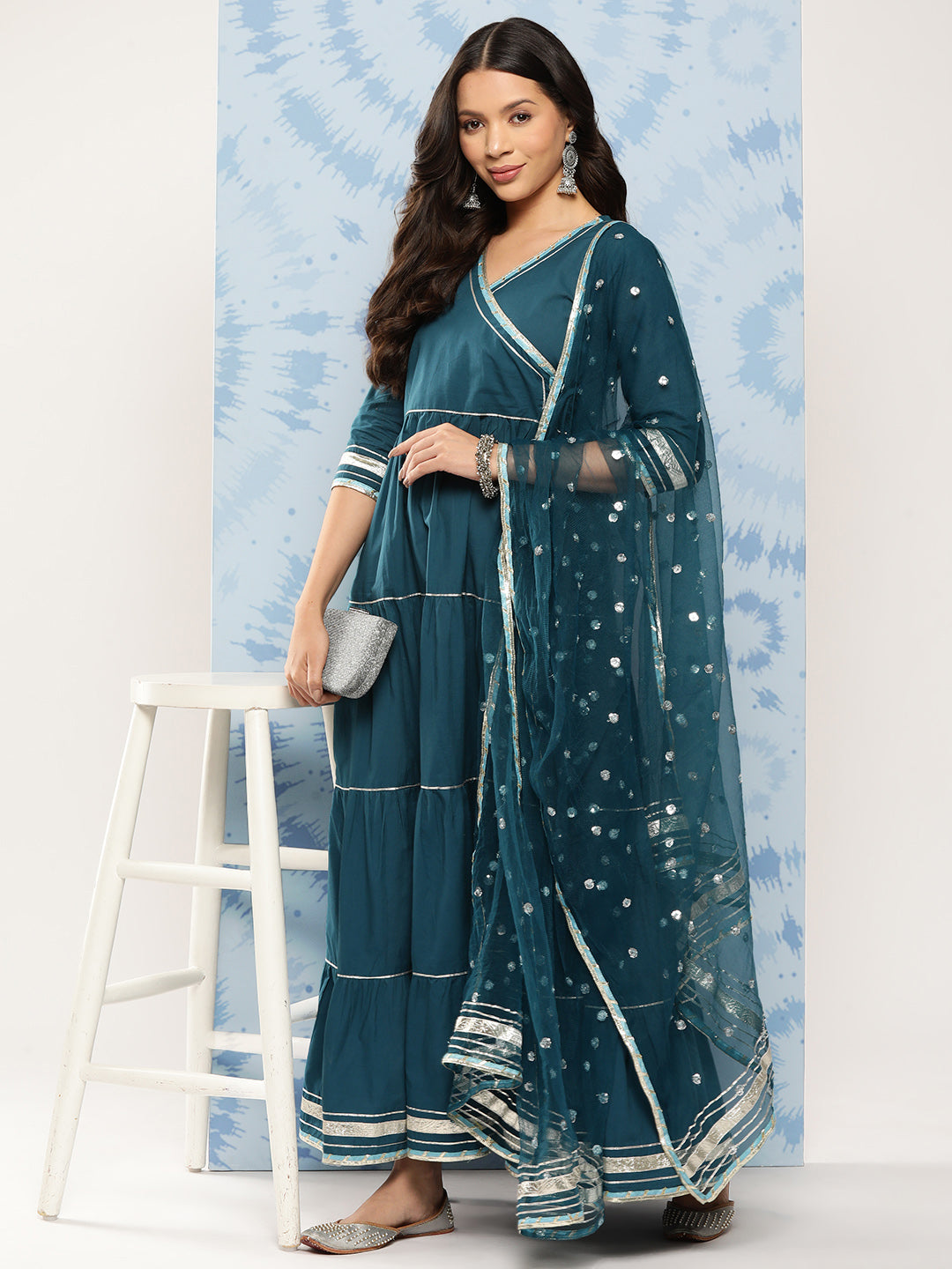 Women's Teal Blue Flared Dress With Net Secquance Dupatta