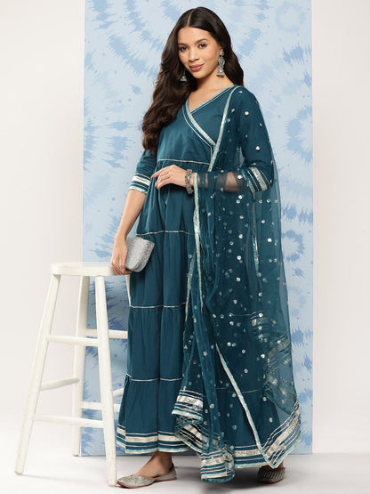 Women's Teal Blue Flared Dress With Net Secquance Dupatta