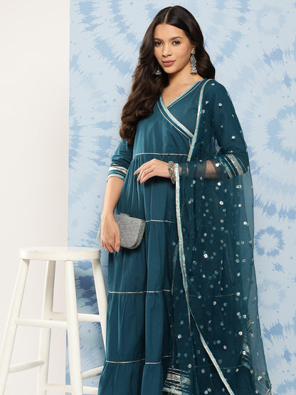 Women's Teal Blue Flared Dress With Net Secquance Dupatta