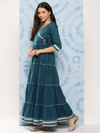 Women's Teal Blue Flared Dress With Net Secquance Dupatta