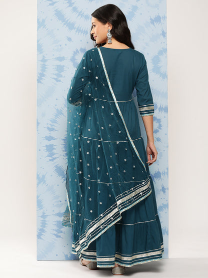 Women's Teal Blue Flared Dress With Net Secquance Dupatta