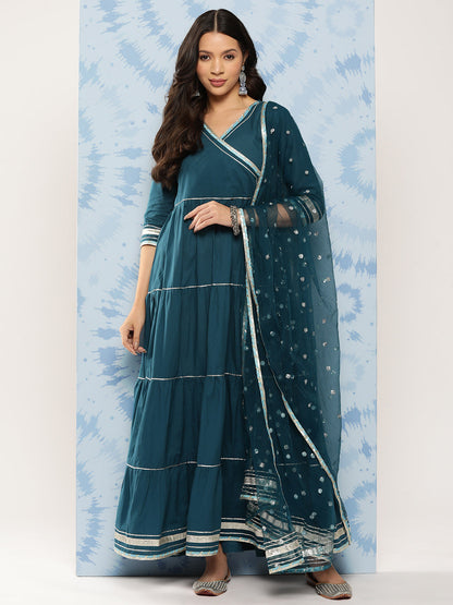 Women's Teal Blue Flared Dress With Net Secquance Dupatta