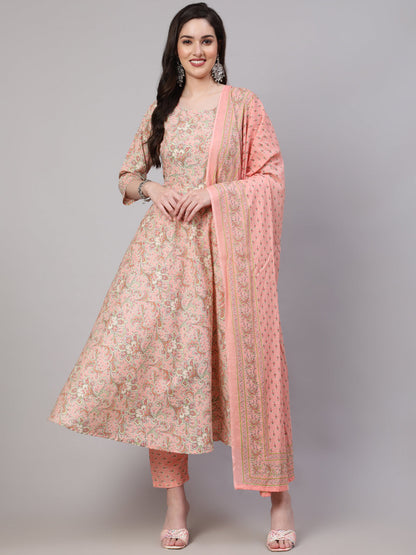 Women's Pink Ethnic Printed Kurta With Palazzo And Dupatta