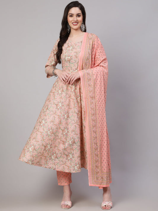 Women's Pink Ethnic Printed Kurta With Palazzo And Dupatta