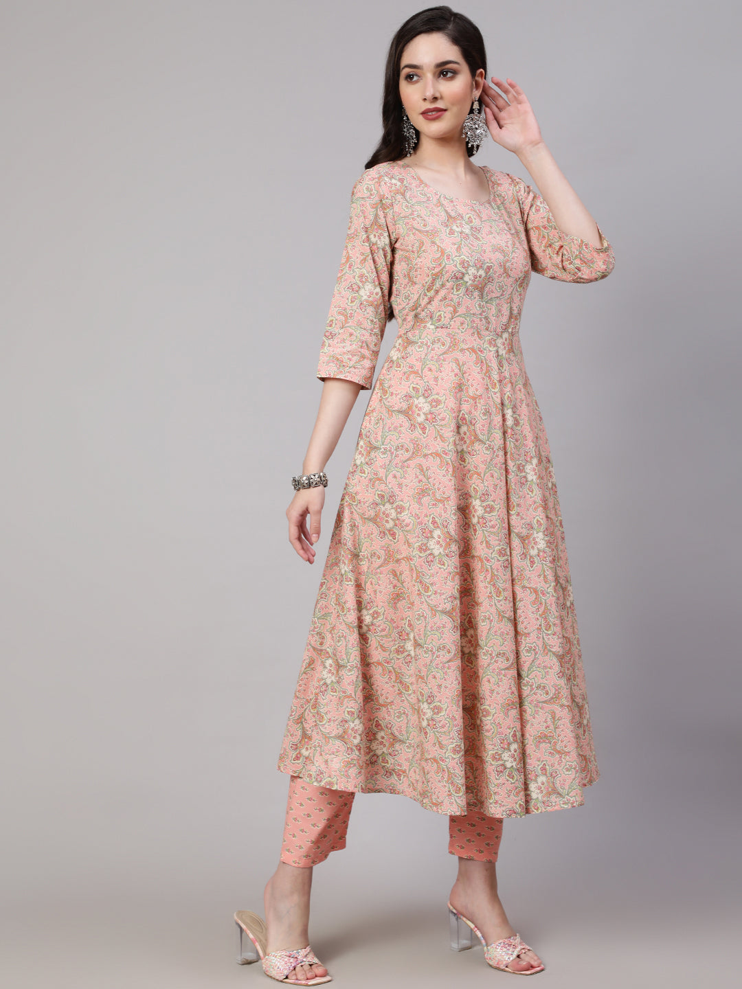 Women's Pink Ethnic Printed Kurta With Palazzo And Dupatta