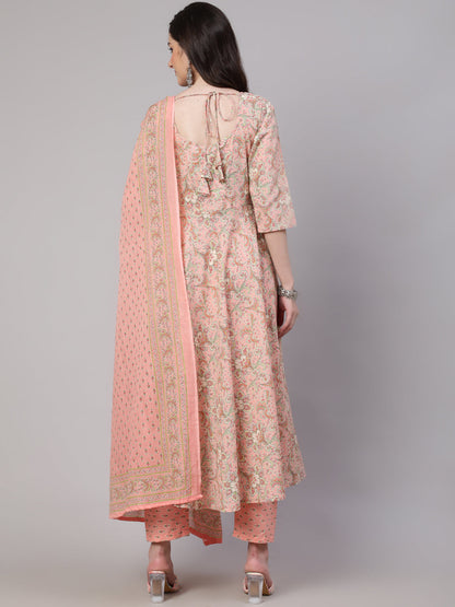 Women's Pink Ethnic Printed Kurta With Palazzo And Dupatta