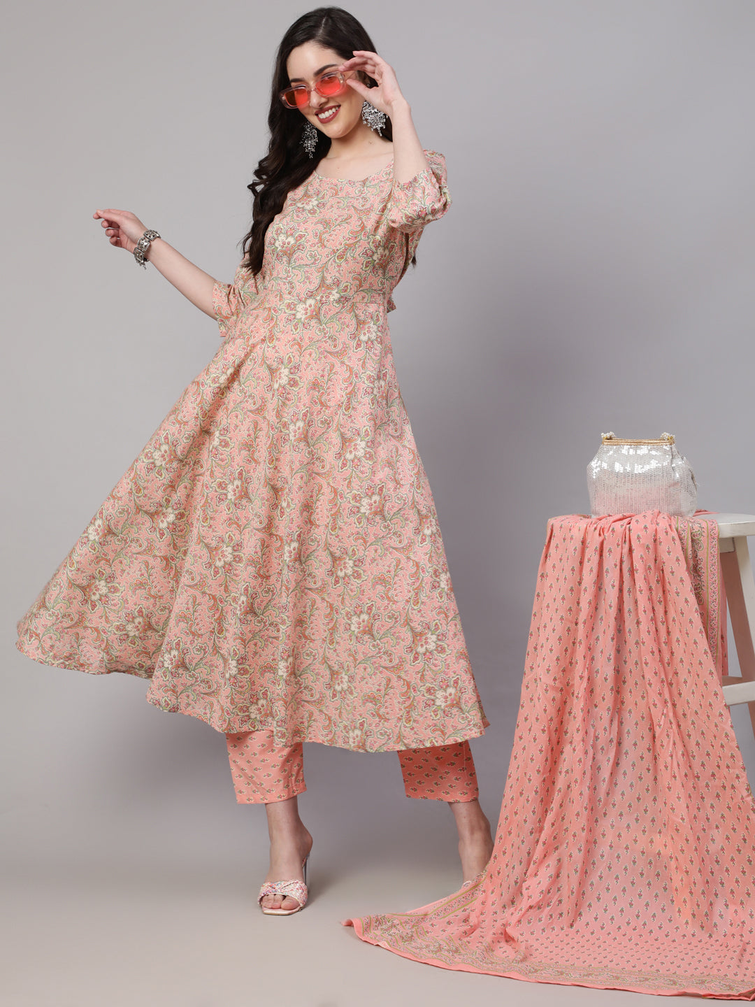 Women's Pink Ethnic Printed Kurta With Palazzo And Dupatta