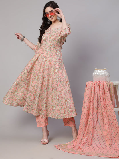Women's Pink Ethnic Printed Kurta With Palazzo And Dupatta