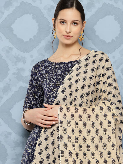 Women's Blue Floral Printed Anarkali Kurta With Trouser And Dupatta