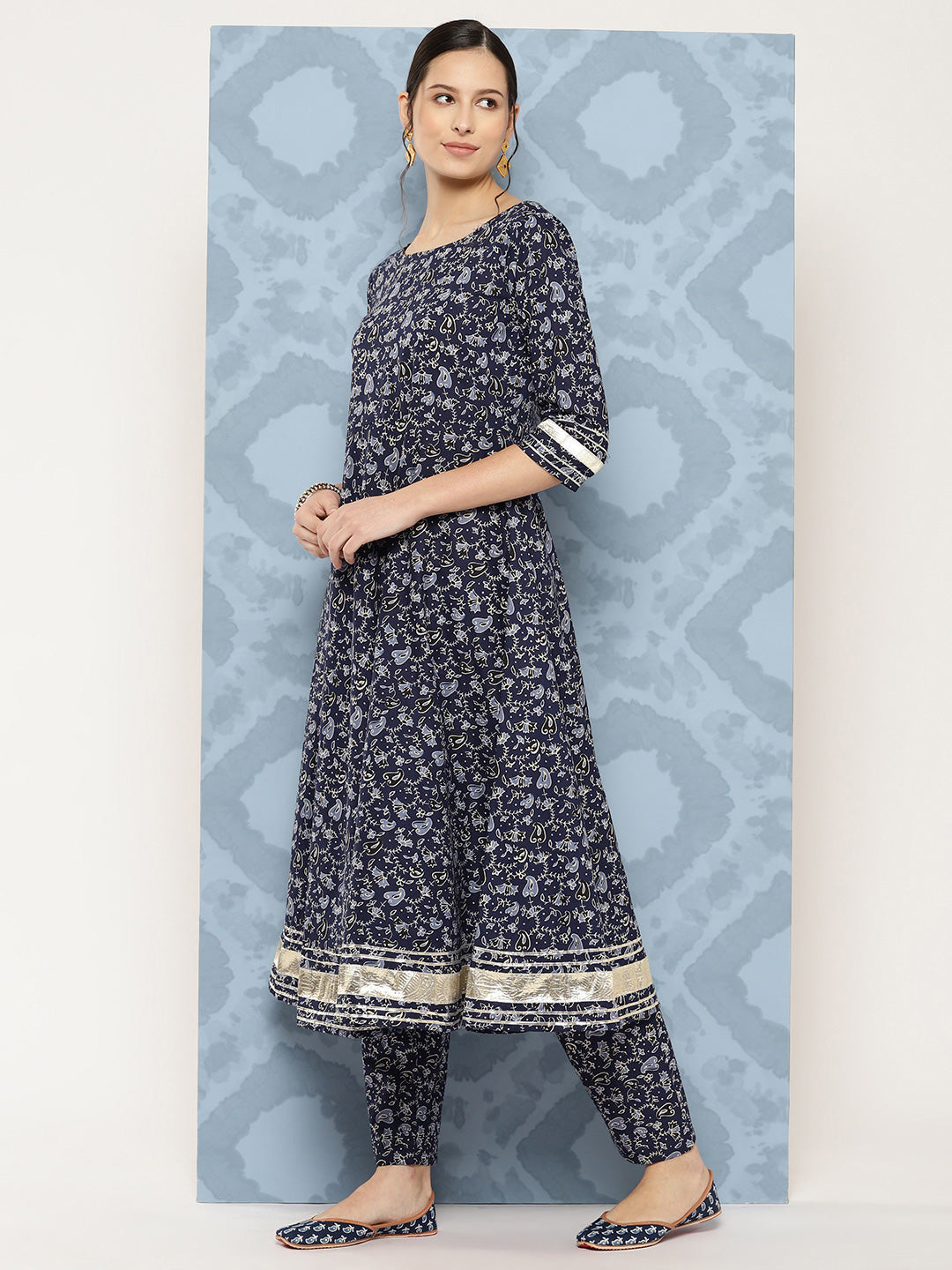 Women's Blue Floral Printed Anarkali Kurta With Trouser And Dupatta