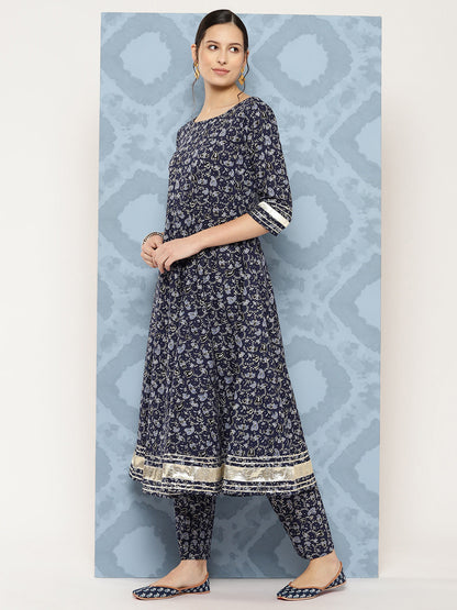 Women's Blue Floral Printed Anarkali Kurta With Trouser And Dupatta
