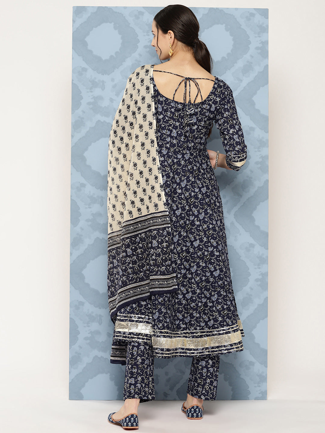 Women's Blue Floral Printed Anarkali Kurta With Trouser And Dupatta