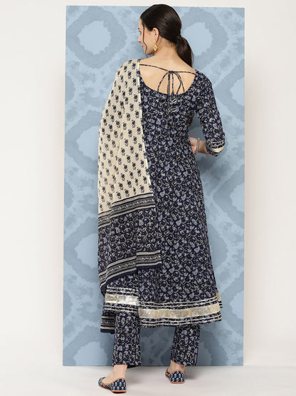 Women's Blue Floral Printed Anarkali Kurta With Trouser And Dupatta