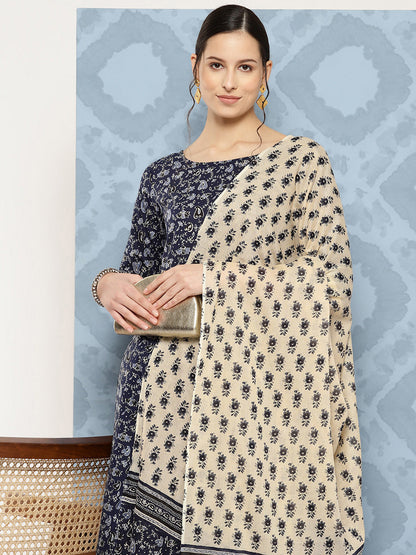 Women's Blue Floral Printed Anarkali Kurta With Trouser And Dupatta