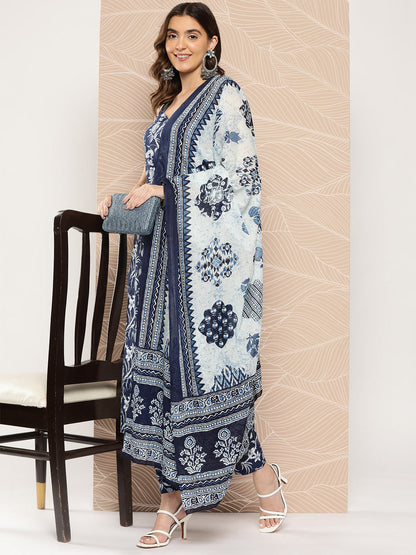 Women's Blue Paisely Printed Straight Kurta With Trouser And Dupatta