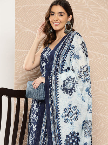 Women's Blue Paisely Printed Straight Kurta With Trouser And Dupatta