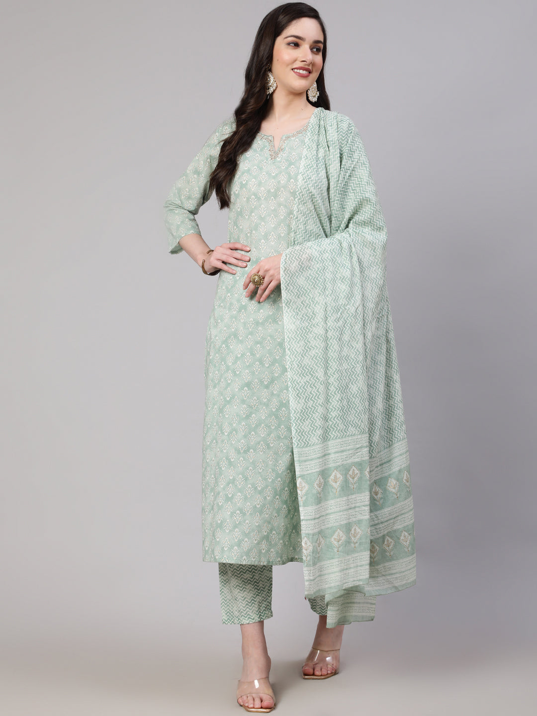 Women's Green Ethnic Embroidered Kurta With Palazzo And Dupatta