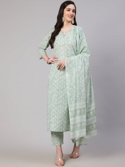 Women's Green Ethnic Embroidered Kurta With Palazzo And Dupatta