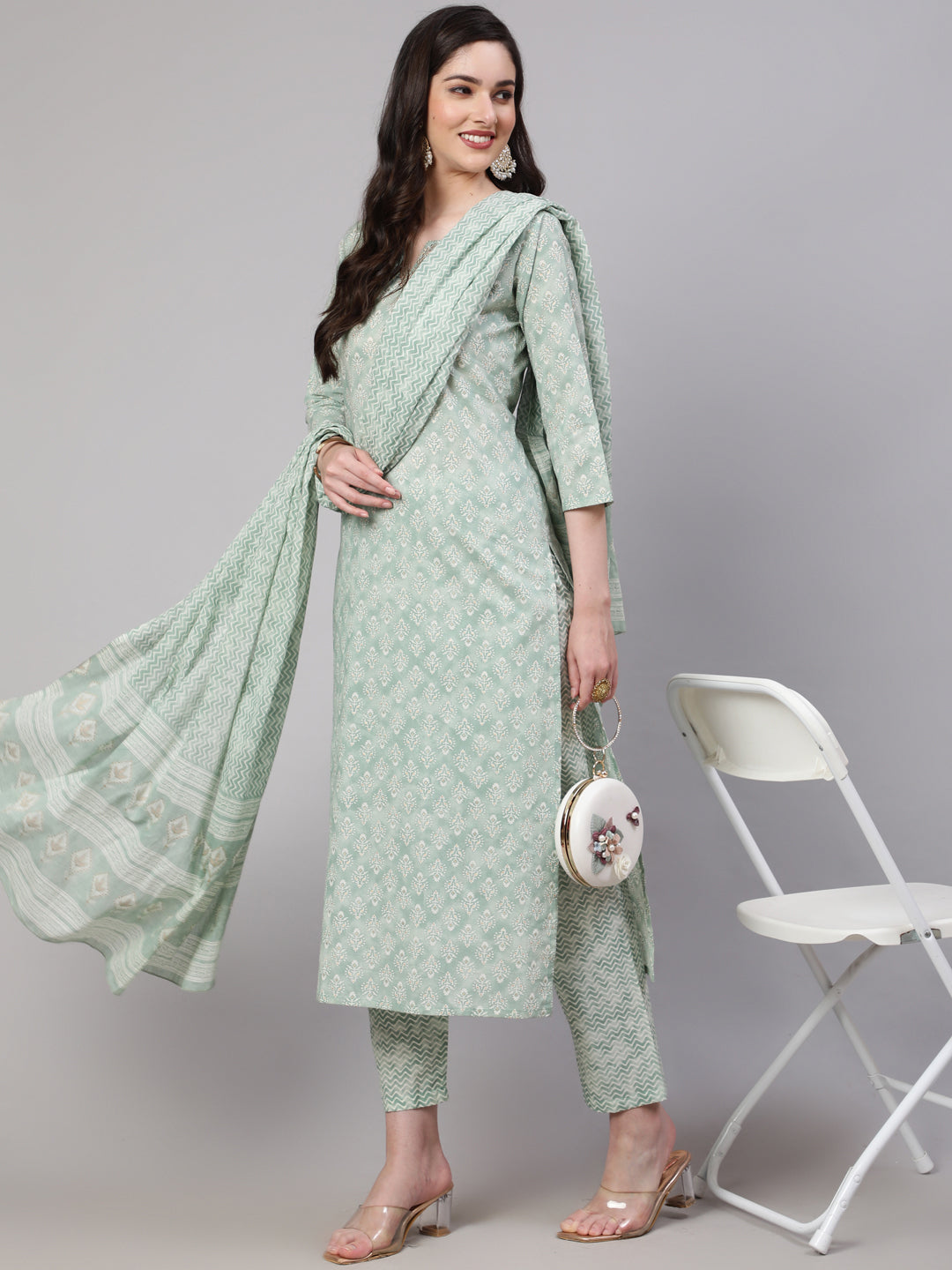 Women's Green Ethnic Embroidered Kurta With Palazzo And Dupatta