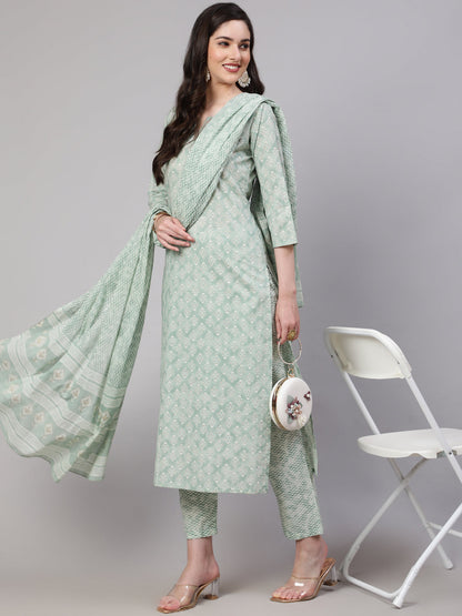 Women's Green Ethnic Embroidered Kurta With Palazzo And Dupatta