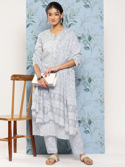 Women's Grey Ethnic Embroidered Kurta With Palazzo And Dupatta