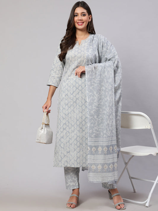 Women's Grey Ethnic Embroidered Kurta With Palazzo And Dupatta
