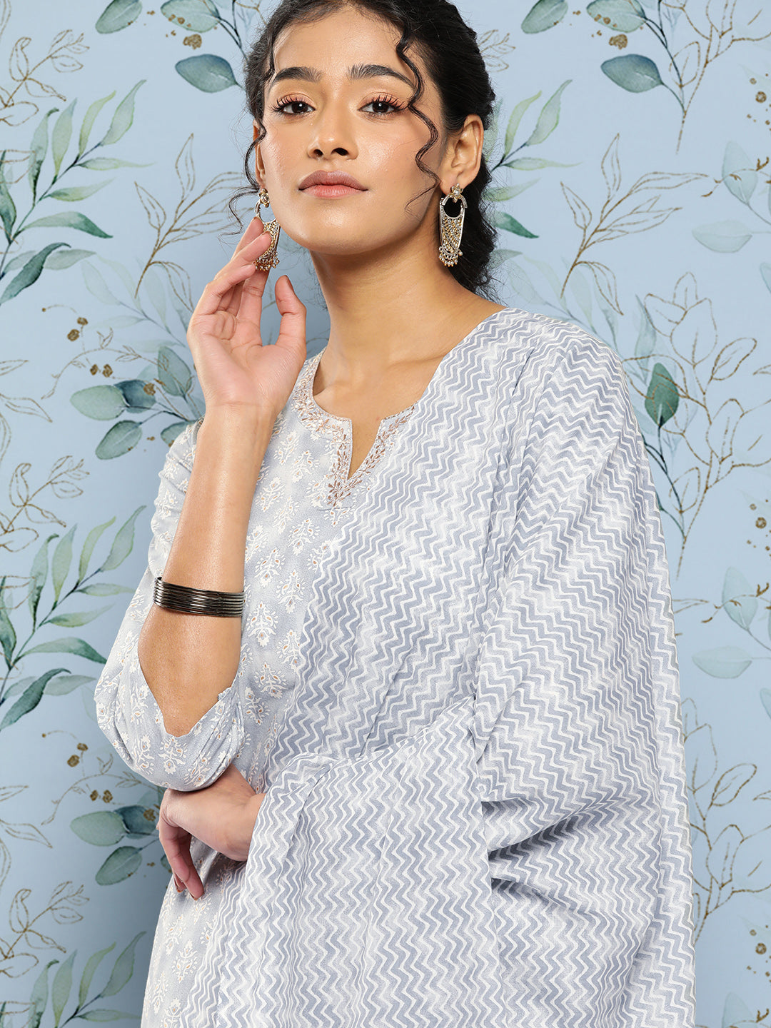 Women's Grey Ethnic Embroidered Kurta With Palazzo And Dupatta