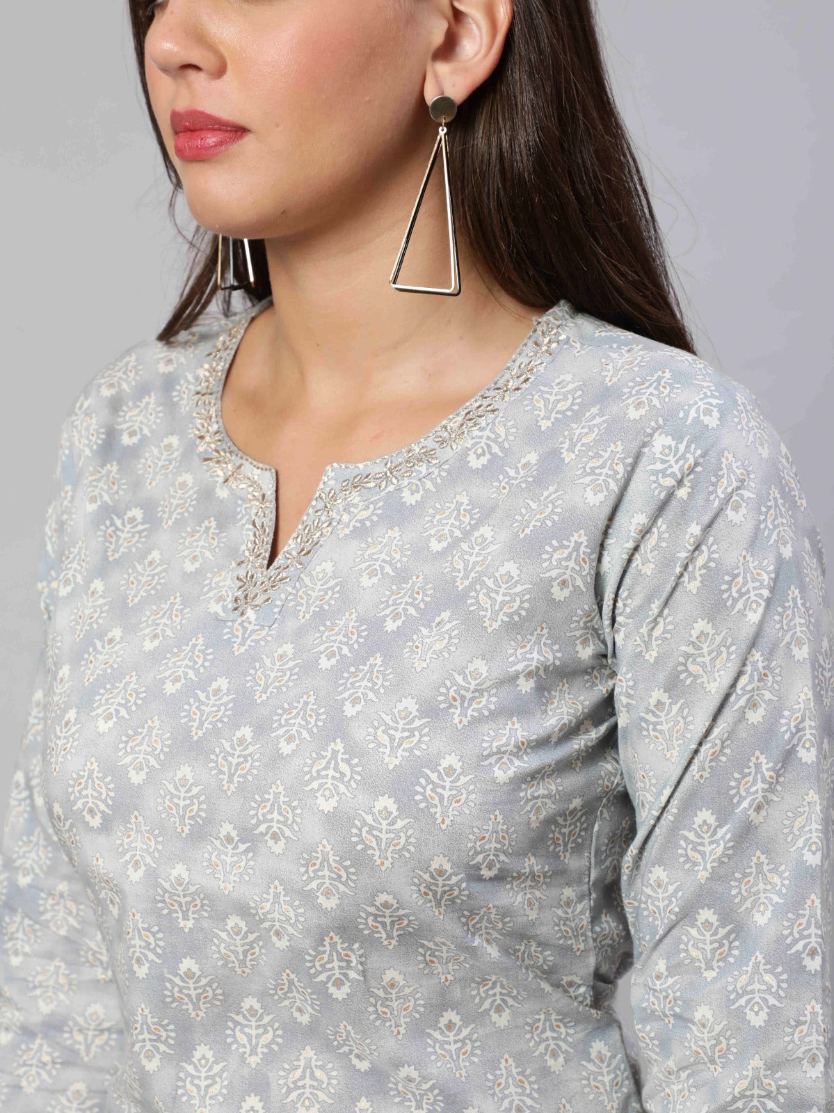 Women's Grey Ethnic Embroidered Kurta With Palazzo And Dupatta