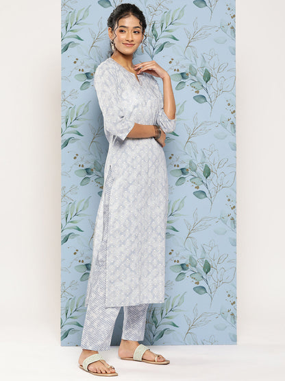 Women's Grey Ethnic Embroidered Kurta With Palazzo And Dupatta