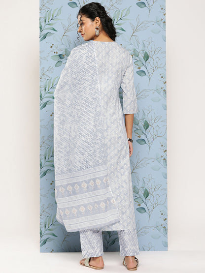 Women's Grey Ethnic Embroidered Kurta With Palazzo And Dupatta