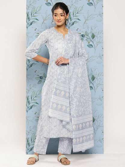 Women's Grey Ethnic Embroidered Kurta With Palazzo And Dupatta