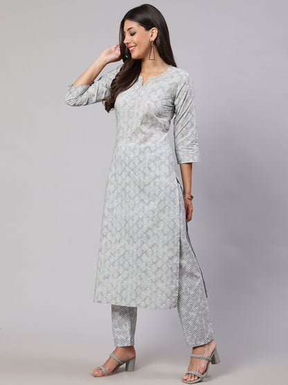 Women's Grey Ethnic Embroidered Kurta With Palazzo And Dupatta