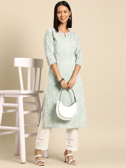 Women's Green Printed Straight Kurta With Trouser