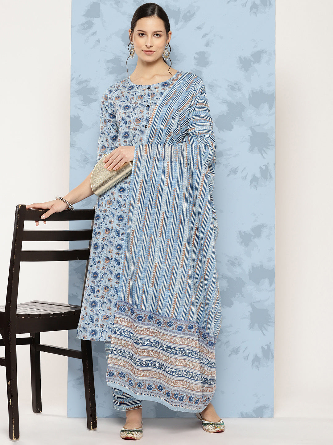 Women's Blue Floral Printed A-Line Kurta With Palazzo And Dupatta