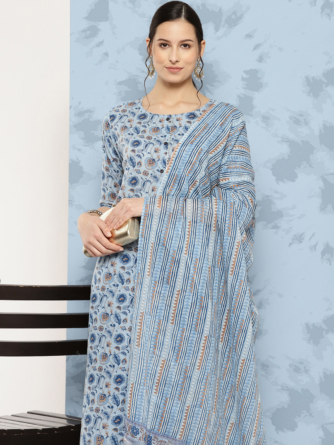 Women's Blue Floral Printed A-Line Kurta With Palazzo And Dupatta
