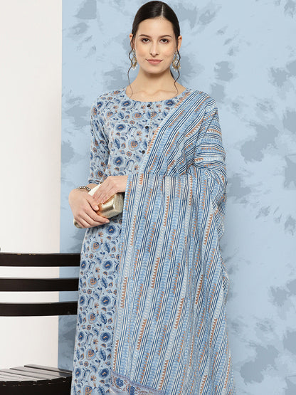 Women's Blue Floral Printed A-Line Kurta With Palazzo And Dupatta